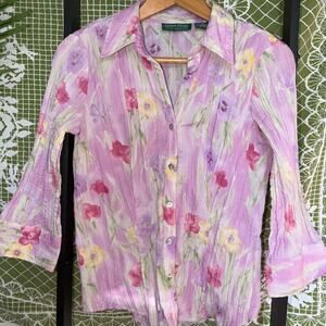 Lemon Grass Studio Floral Button Up Shirt Fairycore Crinkle Blouse Small